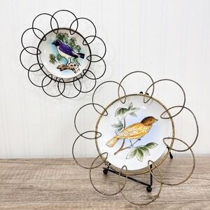 Vintage Bird Plate with Metal Hanger Set of 2: Hand-Painted Ceramic Display